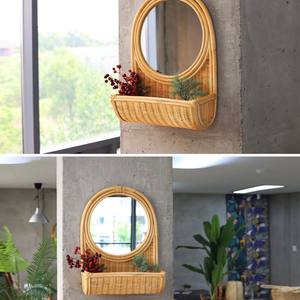 Espejo de pared bohemio de ratán con estante para pasillo, baño y decoración de oficina en casa, espejos de ratán vintage de Vietnam - Product Image 6
