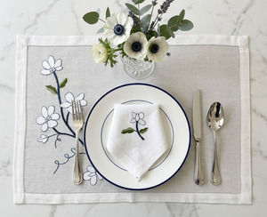 Custom Embroidered White Magnolia <b>Placemats</b> & Napkins Sets Washable Hemstitch 100% White Cotton Mats Weddings Home Events - Product Image 1