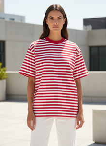 Oversized 100% Organic Cotton Striped Short Sleeve Casual <b>Tee</b> with Back Neck Logo for Men - Product Image 5
