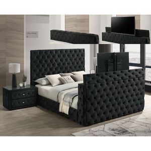 Comodino Elegante in Velluto con Design Trapuntato a Diamante, Piano in Vetro e Due Spaziosi Cassetti in Legno - Product Image 4