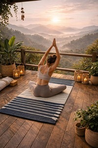Contemporary Woven Exercise Mat Rectangle Navy White Striped Chenille Fabric Non-Slip Rubber Backing Medium Thickness Home Use - Product Image 4