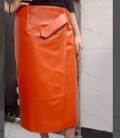 Atmungsaktiver Damen-Mini-Lederrock mit Wickeltaille, Orange, Schlitz, Hüftumspielendes Enges Bleistift-Design