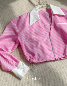 RTS Coshe Breezy Shirt Blusa recortada a rayas de estilo coreano con cuello blanco y puños para el trabajo o salidas Casuales - Product Image 2