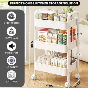 Chariot de rangement de cuisine à trois niveaux avec roulettes, design moderne blanc, type sur pied pour ustensiles de cuisine - Product Image 4