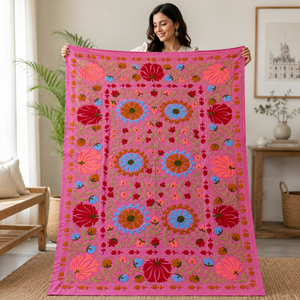 Couvre-lit artisanal en coton Suzani, broderie florale multicolore lavande, style bohème indien, décoration ethnique pour la maison - Product Image 4