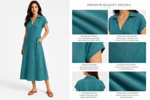 Robe chemise en lin pour femme, décontractée, col en V, mi-longue, manches courtes, coupe trapèze, robe d'été élégante pour le travail et le bureau, avec poches - Product Image 3