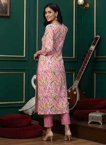 Conjunto de Kurta y Pantalón Recto de Algodón Rosa Estampado, Cuello Redondo, Largo hasta la Pantorrilla, Traje Étnico de Uso Diario para Mujer, Tallas S M L XL XXL - Product Image 5