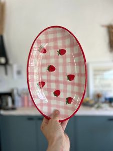 Round <b>Ceramic</b> <b>Plate</b> And Mug Set With Blue And Beige Checkered Pattern Handpainted Nordic Design Flat Dish Dishes & <b>Plates</b> - Product Image 2