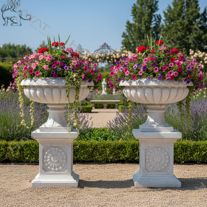 Luxury White Marble Hand Carved Eco-Friendly Durable Vintage <b>Garden</b> Urn Planter with Pedestal Classical Outdoor Home Flower Pot - Product Image 1