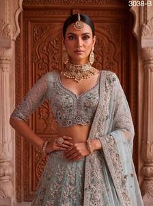 Elegant Light Blue Organza Traditional Bridesmaid <b>Lehenga</b> Beaded Embroidery V-Neck Crop Top Three Quarter Sleeve A-Line - Product Image 1