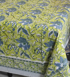 Nappe en coton imprimée à la main indienne, motif floral vert jaune bleu, rectangulaire, style bohème, pour salle à manger - Product Image 5