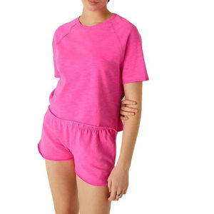 Women Summer Solid Collarless Short Top Two-Piece Biker Shorts Pockets Breathable <b>Knitted</b> Fabric 100% Cotton - Product Image 3