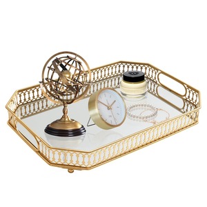 <b>Rectangular</b> <b>Gold</b> Metal Decorative Tray With <b>Mirror</b> Base Glam Design Durable Serving Tray - Product Image 5
