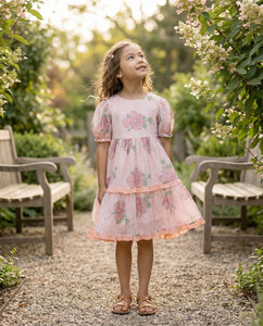 Vestido de Algodón con Estampado Floral para Niñas, Vestido de Verano con Mangas Abullonadas, Ropa Casual de Moda al por Mayor para Niños - Product Image 1