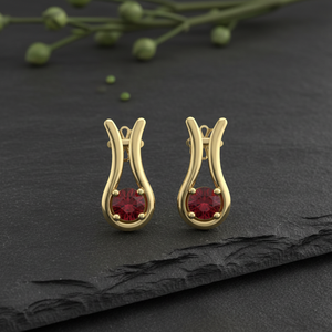 Wholesale Custom 10k Gold Glass Filled Ruby Stud <b>Earrings</b> Manufacturer Modern Curved J-Hoop Design <b>Fine</b> Jewelry for Women - Product Image 1