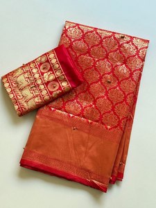 Premium Reglance Lichi Silk Jacquard Weaving <b>Red</b> Saree Original Gungroo Khatli Handwork Running <b>Blouse</b> Special Karwa Saree - Product Image 1