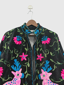 Veste en velours rose brodée à la main avec motif cerf, manches longues, col mandarin, grande taille, vêtements d'automne pour femmes - Product Image 5