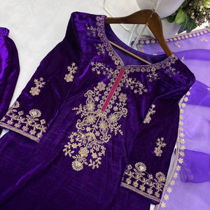 Ensemble Kurti et Palazzo en velours brodé avec sequins et cordon, avec dupatta en organza, entièrement cousu, tenue de soirée ethnique de luxe, tailles M à XXL - Product Image 1