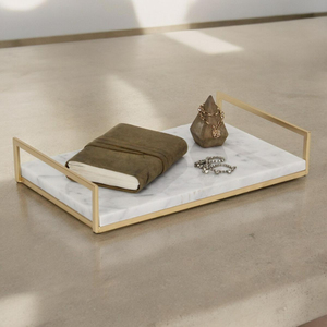 Bandeja de Servir de Mármol Tropical con Asa de Latón Dorado, Accesorio Decorativo para el Hogar, Bodas y Hoteles, Bandejas de Latón y Mármol - Product Image 4