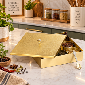 Handcrafted Brass Square Masala <b>Box</b> with 9 Containers and Spoon <b>Indian</b> <b>Spice</b> Storage Dabba Kitchen Organizer - Product Image 3