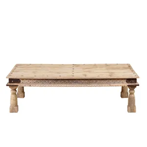 Mesa de Centro de Madera Tallada a Mano con Diseño Floral, Estilo Rústico, para Sala de Estar, Hotel o Casa de Campo - Product Image 1