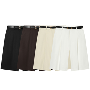 Falda pantalón plisada de cintura alta, color liso, con cinturón, estilo minimalista, tejido, corte regular, moda femenina - Product Image 1