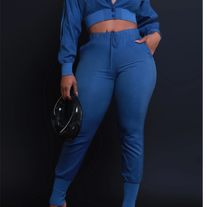 Wholesale <b>Women</b> 2 Piece Matching <b>Outfits</b> Long Sleeve Cold Shoulder Cropped Jacket High Waist Elastic Sweatpants Lounge Set - Product Image 6