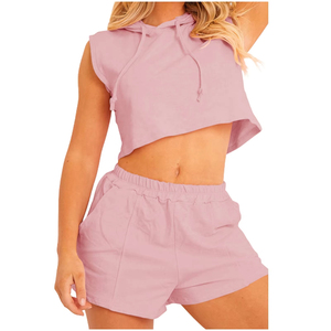 Women's Spandex/Polyester Solid Crop Hooded Shirt Shorts <b>Two</b> <b>Piece</b> <b>Set</b> Elastic Waist Breathable Eco-Friendly Gym Fitness Yoga - Product Image 1
