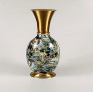 Charming hand-painted metal vase featuring a colorful textured <b>mosaic</b> design with a polished gold flared neck, at wholesale. - Product Image 1