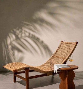 Chaise longue moderne en rotin avec pieds en teck, dossier inclinable, design mid-century, meubles de salon - Product Image 2