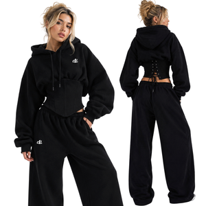 Conjunto de dos piezas de lujo para mujer: Sudadera con capucha estilo corsé de boutique personalizada y pantalones de pierna ancha de forro polar para invierno, cintura ajustada, ajuste relajado. - Product Image 1