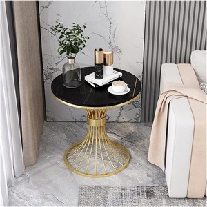 Modern <b>Round</b> Side <b>Table</b>, White Marble Look Plywood Top, <b>Black</b> Metal Frame with Lower Shelf, Living Room Bedroom End <b>Table</b> - Product Image 4