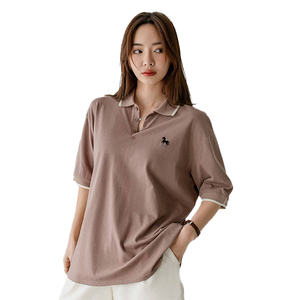 เสื้อโปโลผู้หญิงทรงหลวม แขนสามส่วน ผ้าฝ้าย 100% ปักลาย สีพื้น สวมใส่สบายๆ สำหรับฤดูใบไม้ผลิและฤดูร้อน - Product Image 1