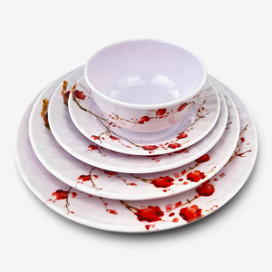 Melamine Dinnerware Set with Red Plum Blossom Design Round Plates Bowls <b>Cups</b> <b>Saucers</b> Modern Pigmented Non-Toxic Dishwasher Safe - Product Image 3