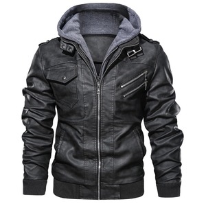 Veste en cuir à capuche pour homme, style motard, fermeture éclair, coupe ajustée, pour l'automne - Product Image 6