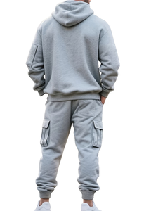 Men's Casual Sports Suit Terry Fabric 100% Cotton Quick Dry 300g Solid Multi Pocket Fashionable Hooded Two-Piece Set Winter - Product Image 5