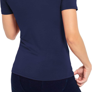 Haut décontracté à col roulé et manches courtes pour femme, en jersey uni, coupe régulière, respirant, en coton biologique non tissé 160g, avec logo, idéal pour l'été - Product Image 4
