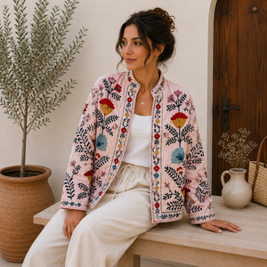 Veste en coton matelassée faite à la main pour femmes, broderie florale, style décontracté bohème, manteau léger à manches longues, style vintage, Bohobi BOHO19 - Product Image 2