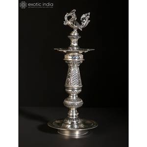 14\" Annam Peacock Themed Oil <b>Lamp</b> with <b>Silver</b> Plating Accessory - Product Image 3