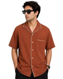 Customized <b>Rust</b> Brown Oversized Casual Men Shirt Contrast Piping Half Sleeve Cuban Collar Summer Streetwear Fashion <b>Top</b> Wear - Product Image 1