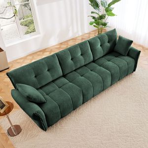Set Divano a 3 Posti con Struttura in Legno Massello, 2 Pouf, Rivestimento in Ciniglia Testurizzata e Cuscini ad Alta Resilienza per Soggiorno - Product Image 2