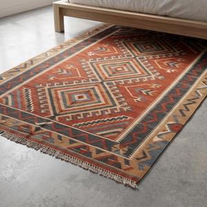 Tapis de sol moderne en laine tissée à la main, couleur unie orange rouille, antidérapant, à poils moyens, style kilim, tissage plat - Product Image 3