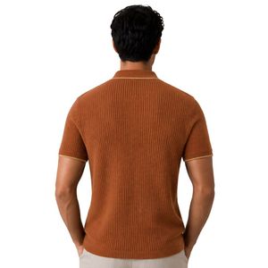 Brown <b>Orange</b> Men Knitted <b>Polo</b> Shirt Gold Zipper Short Sleeve Luxury Casual Textured Fabric Custom Logo Designer Golf Shirt OEM - Product Image 2