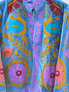 Hand Embroidered Floral Velvet Jacket Mandarin Collar Full Sleeve Women'<b>s</b> Autumn Plus Size - Product Image 4