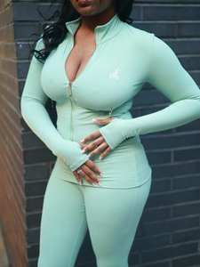 Custom Logo Plus Size Women's Winter Tracksuit Set Mock Neck Full <b>Zip</b> <b>Up</b> Fitted <b>Crop</b> Jacket Bootcut Flare Pants 2 Piece Slim Fit - Product Image 3