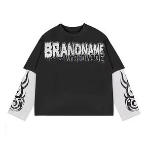 เสื้อยืดแขนยาวผู้ชายแบบสองชั้นทรงโอเวอร์ไซส์ สไตล์สตรีทแวร์ ลายกราฟิกตัวอักษรแบบดิสเทรส ผ้าวอร์สเตด ฮิปฮอป ผ้าฝ้าย 100% - Product Image 4