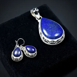 925 Sterling Silver Pendant Earrings Jewelry Set Handmade Teardrop Design Blue Lapis Lazuli Gemstone For Women - Product Image 2