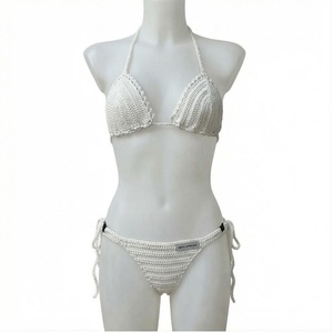 White Crocheted <b>Bikini</b> <b>Set</b> Women 2 Piece Halter Tie Side Swimwear Handmade Cotton Bamboo Fiber Solid Pattern - Product Image 1
