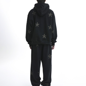 Ensemble de survêtement à capuche noir pour homme, manches longues, fermeture éclair, coupe ample, motif étoile géométrique, coton, tenue décontractée d'automne - Product Image 3