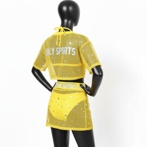 Ensemble de maillot de bain en polyester et élasthanne de haute qualité, jaune vif, tissu en maille douce, logo personnalisé en cristal, pour femme. - Product Image 2
